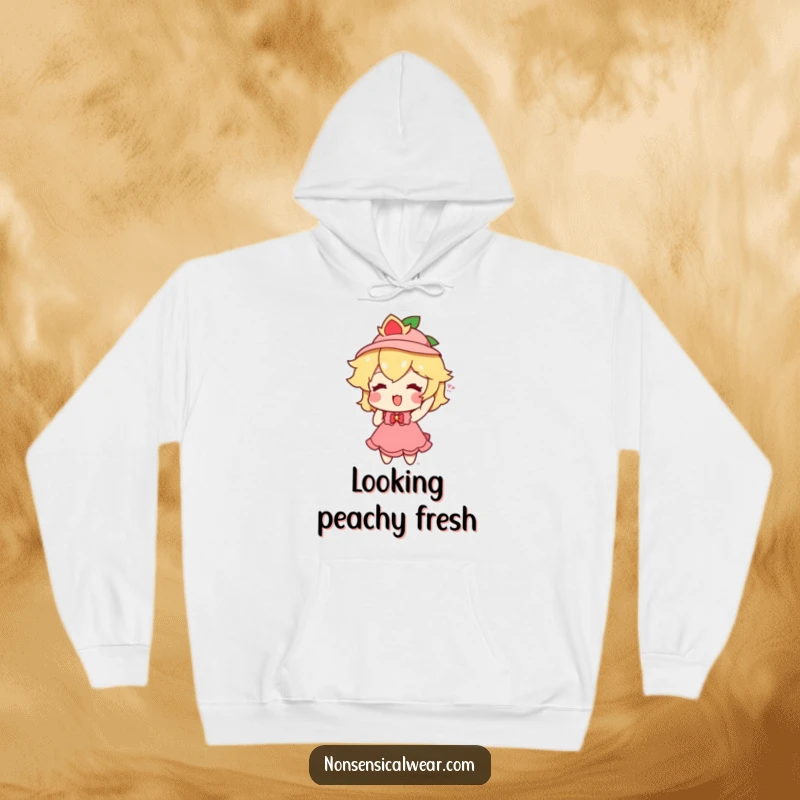 A cute, fuzzy peach character joyfully donning a miniature hat, featured on a warm and comfortable hoodie.