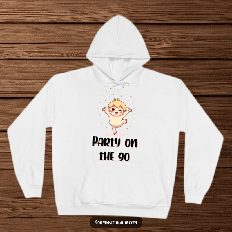 Funny hoodie: a kawaii character joyfully performs a cartwheel, showering confetti in a celebratory mood.