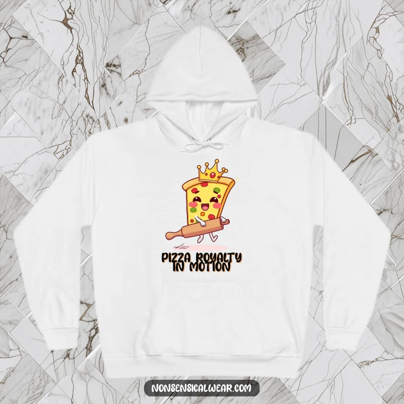 Funny pizza hoodie featuring a giggling pizza slice wearing a tiny crown, riding a runaway rolling pin, looking adventurous.