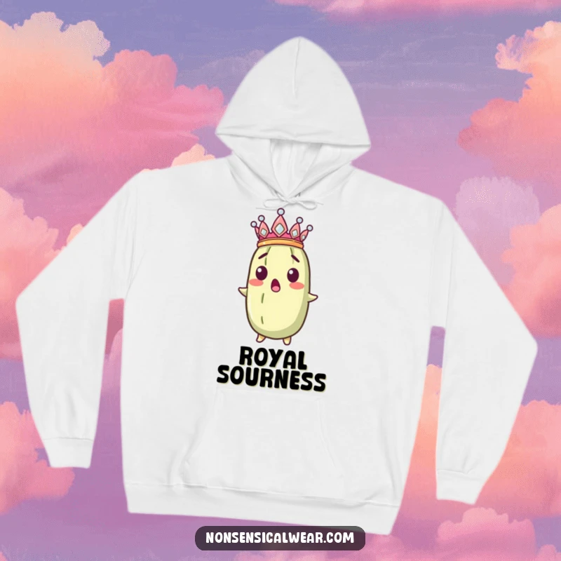 Funny surprised pickle wearing a crown, designed on a soft hoodie. Royal and humorous apparel.