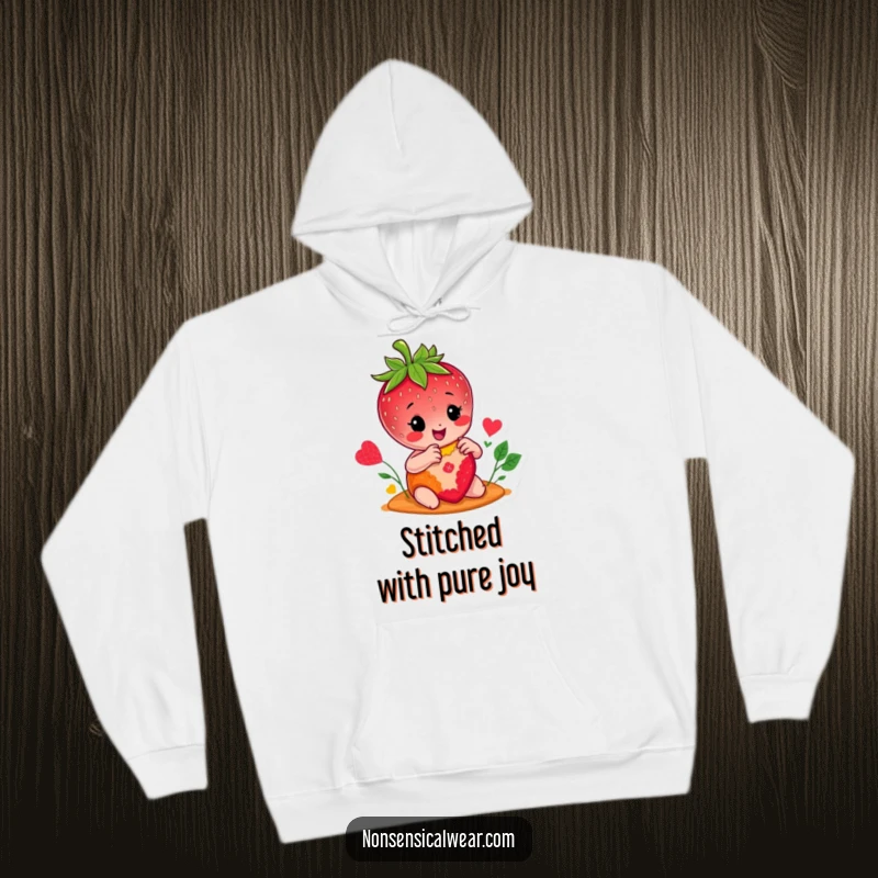 Funny hoodie depicting a joyful strawberry character diligently sewing a colorful patch, a comforting and humorous addition for crafters.