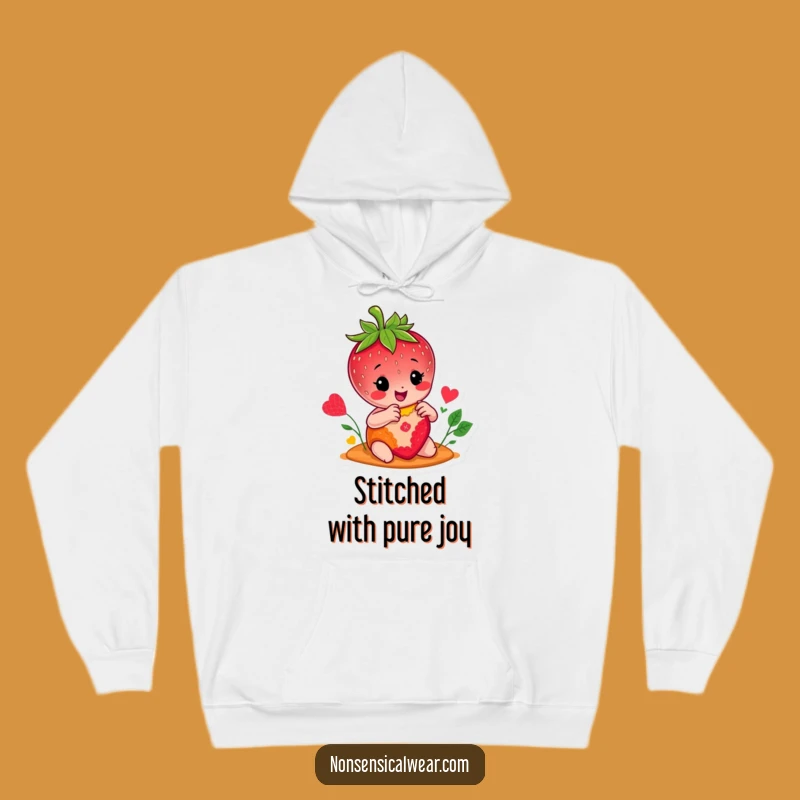 Funny Strawberry Stitcher Hoodie: Cozy Character Sewing a Patch, Warm Humorous Gift Idea