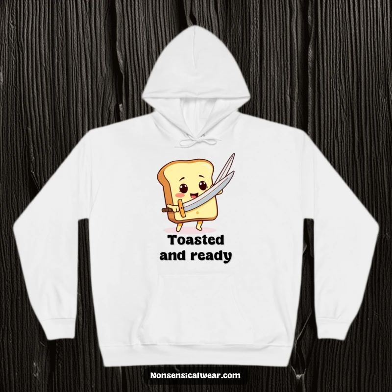 A smiling toast character wielding a giant needle as a sword, featured on a warm, comfortable hoodie for epic comfort.