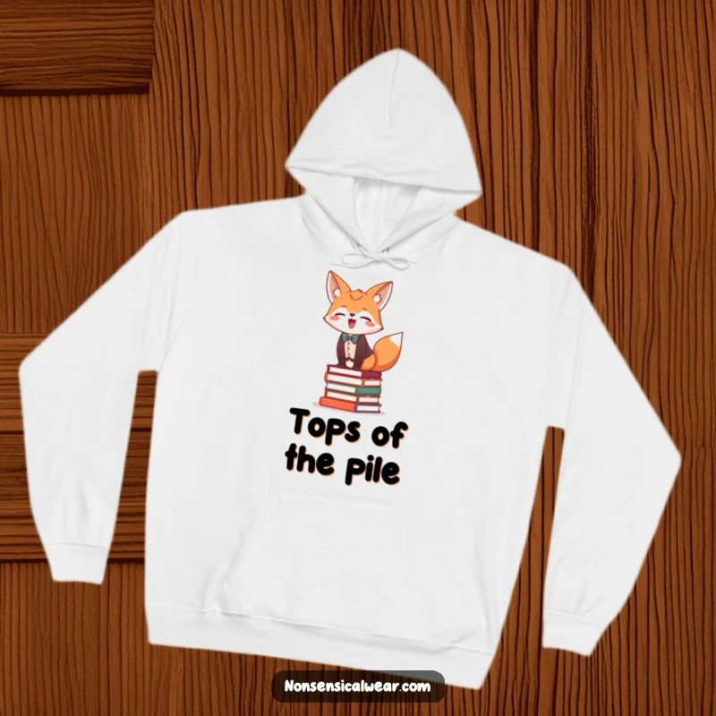 Funny hoodie depicting a giggling fox in a vest and bow tie, balancing on a stack of books.