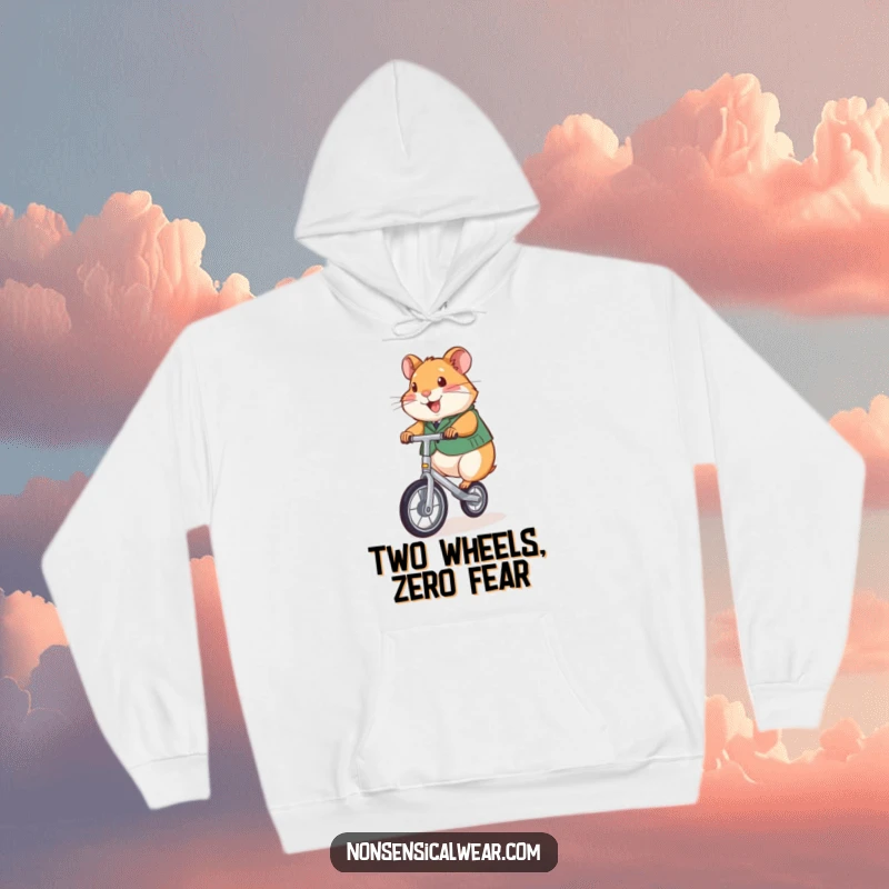 Funny hoodie featuring a cheerful hamster in a vest, skillfully balancing on a miniature unicycle.
