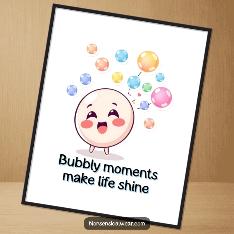 Funny Free Printable Wall Art: Delighted circle character joyfully blowing a stream of colorful, floating bubbles, quirky home decor.