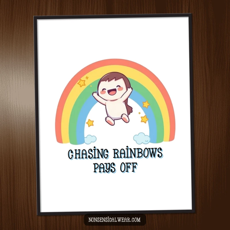 Funny Free Printable Wall Art: A character gleefully slides down a rainbow, surrounded by whimsical stars.