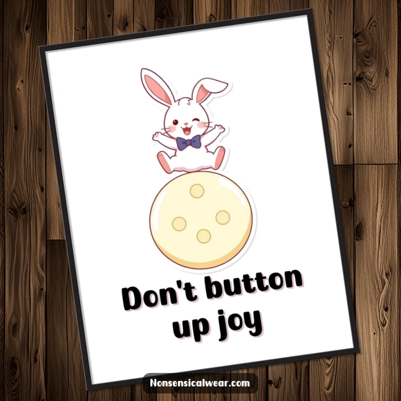 Funny Free Printable Wall Art of a playful rabbit in a bow tie, mid-leap over a giant button, radiating joy.