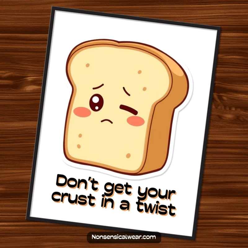 Funny Free Printable Wall Art: A bewildered bread loaf with one eye timidly blinking, a charming and humorous piece of downloadable kitchen decor.