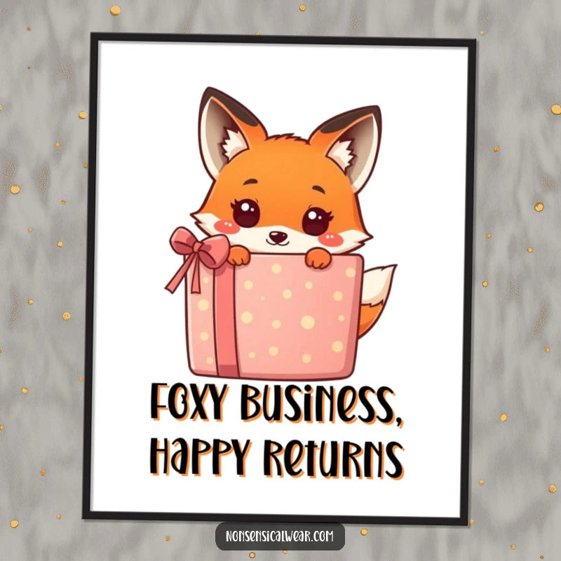Funny Free Printable Wall Art: Kawaii fox playfully peeking from behind a large, colorful gift box.