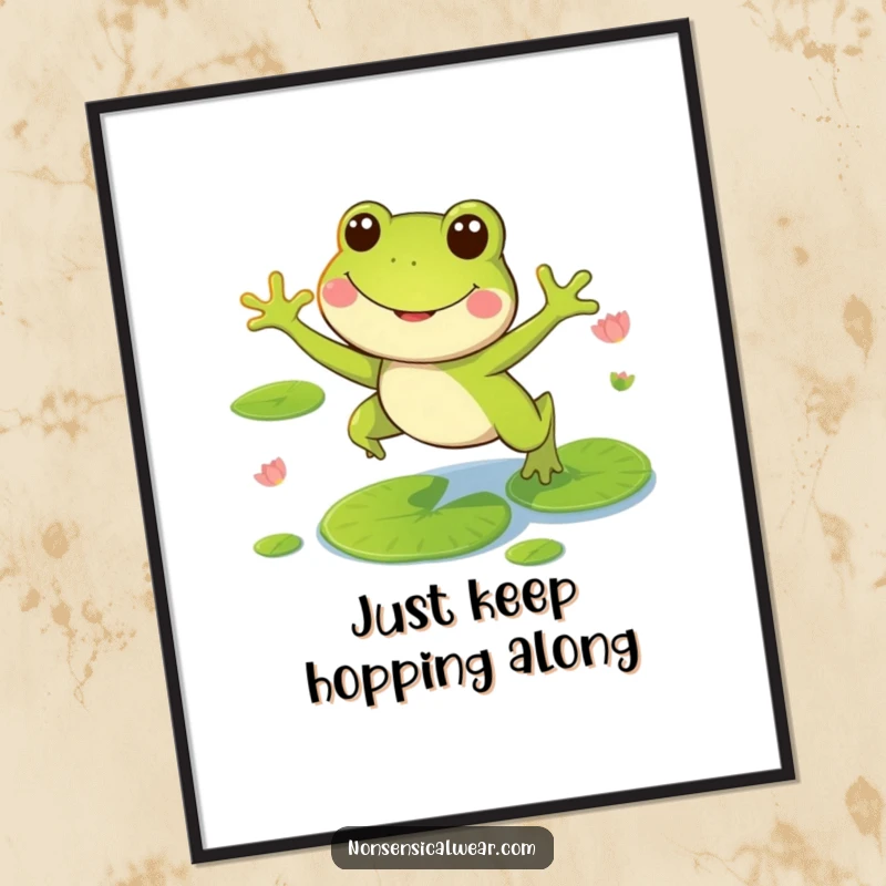 Funny Free Printable Frog Wall Art: Smiling frog captured mid-leap between vibrant green lily pads in a playful pond scene.