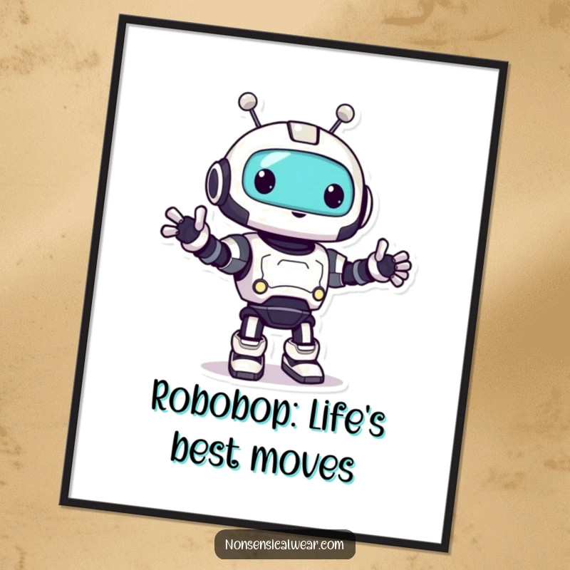 Funny Free Printable Robot Wall Art: A cheerful robot character doing a happy little bop, bringing joy to your decor.
