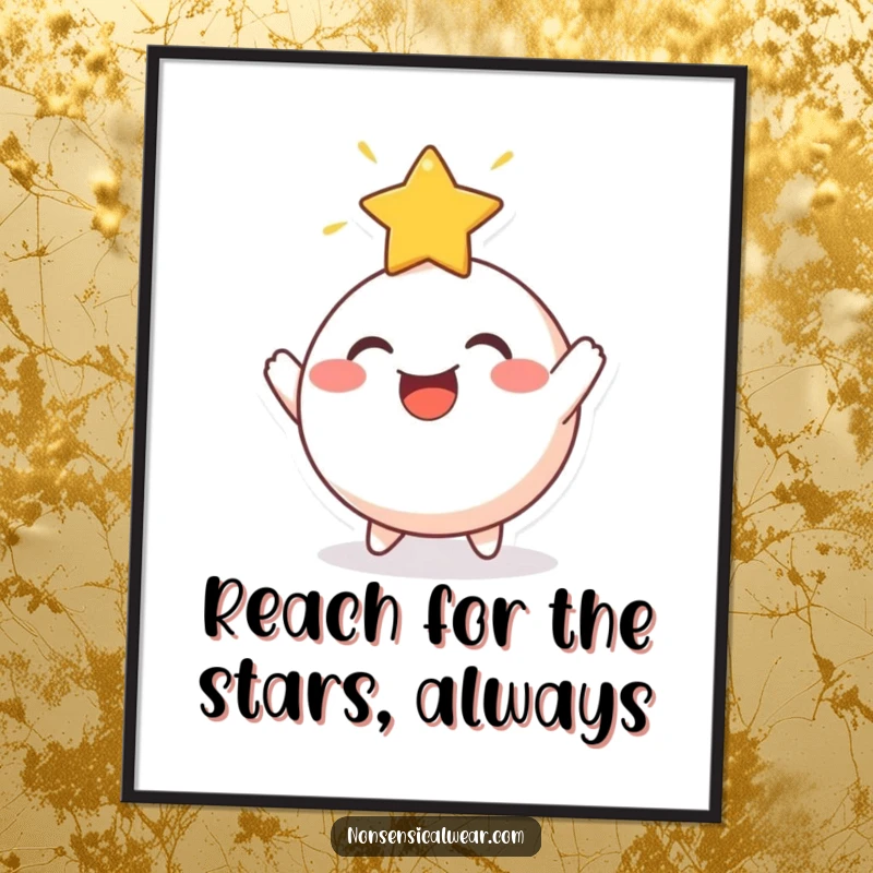 Funny Free Printable Wall Art: Cheerful round character joyfully bouncing a radiant star, quirky celestial-themed home decor.