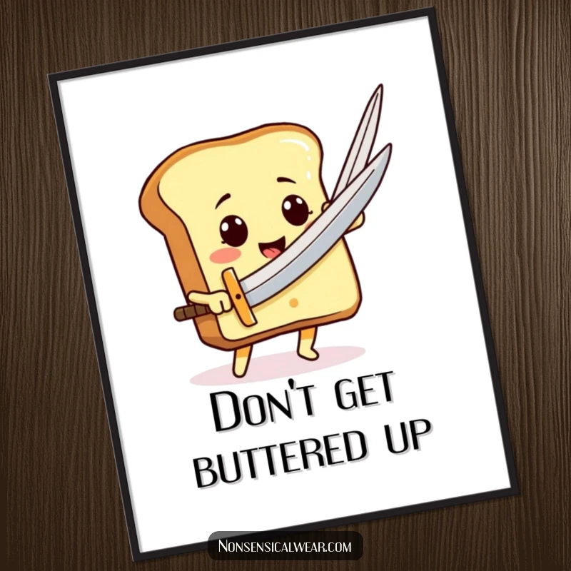 Funny Free Printable Wall Art: A smiling toast character using a giant needle like a sword with humorous determination.
