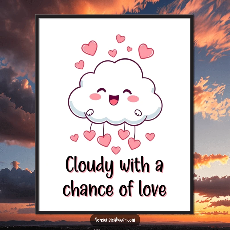Funny Free Printable Wall Art: A cheerful cloud character gleefully raining down a shower of tiny, cute hearts.