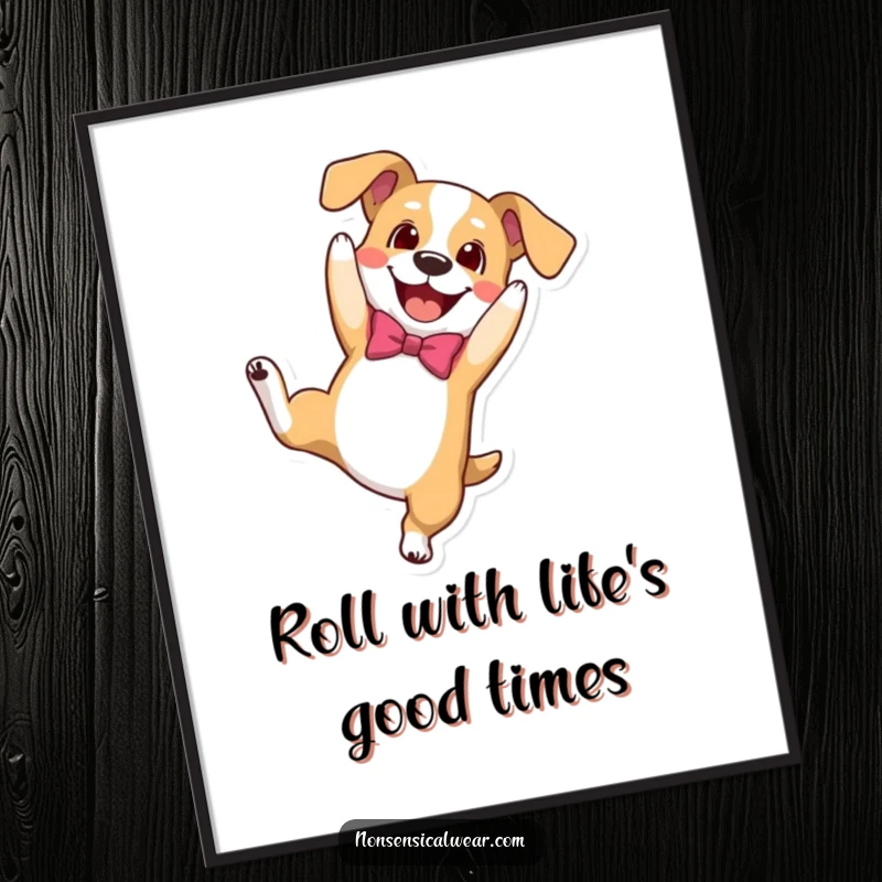 Funny Free Printable Wall Art: An excited dog wearing a bow tie performs a dynamic somersault.