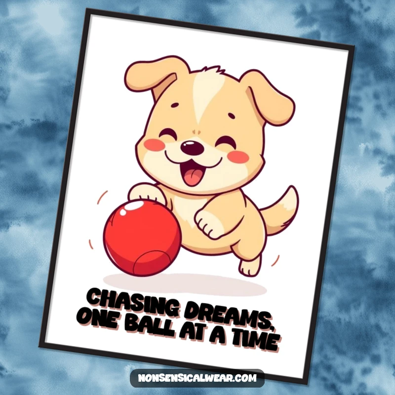 Funny Free Printable Wall Art: Goofy kawaii dog mid-air, eyes locked on a bouncing red ball, full of playful energy.