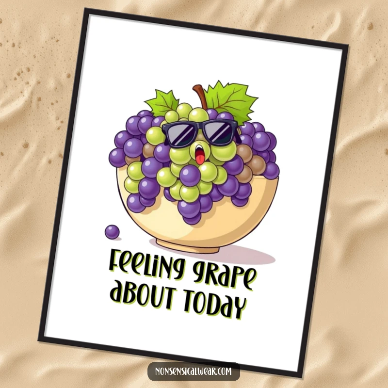 Funny Free Printable Wall Art: Startled grapes in sunglasses comically escaping a fruit bowl, a whimsical and humorous artwork.