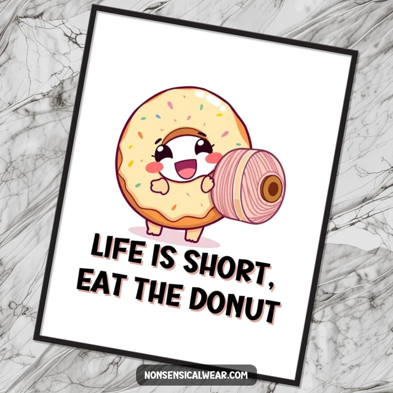 Funny Free Printable Wall Art: Giggling donut character hilariously attempting to wind a giant spool of thread, adding sweet humor.