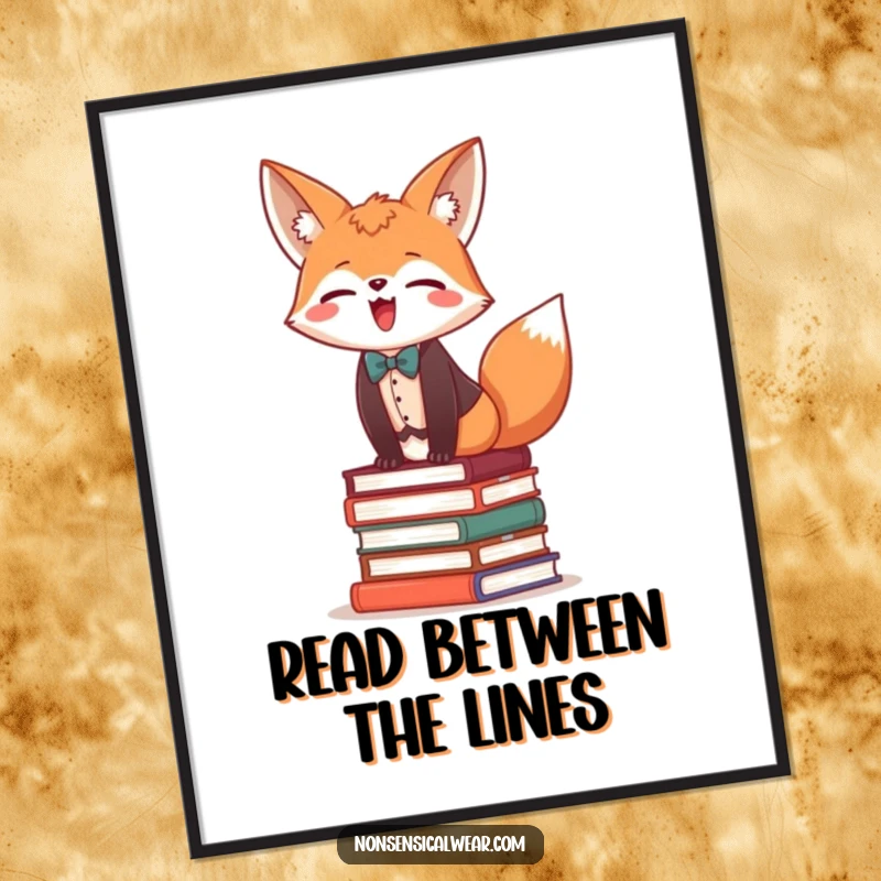 Funny Free Printable Wall Art of a giggling fox wearing a vest and bow tie, balancing with expertise on a stack of books.