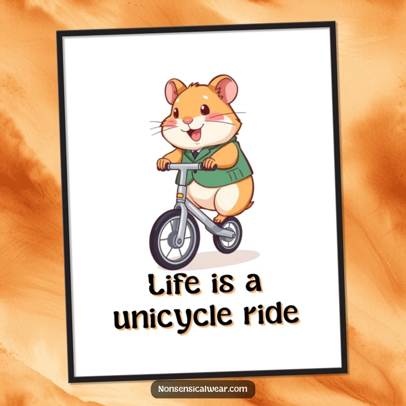 Funny Free Printable Wall Art depicting a cheerful hamster in a vest, skillfully riding a miniature unicycle, bringing smiles.