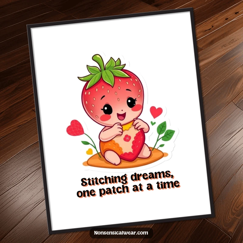 Funny Free Printable Wall Art: Cheerful strawberry character happily stitching a colorful patch, adding handmade charm to any room.
