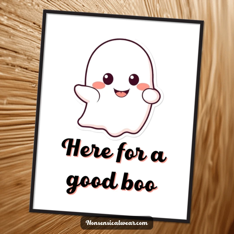 Funny Free Printable Wall Art: A giggling ghost character playfully peeking its head from behind a large, vibrant yellow smile.
