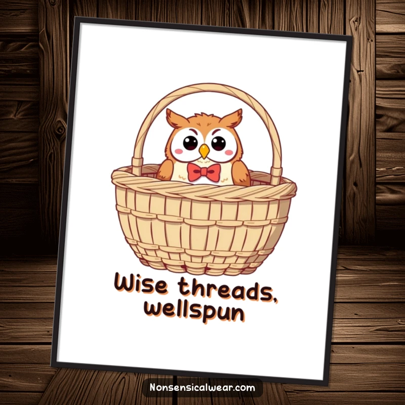 Funny Free Printable Wall Art: Jolly owl in bow tie peeking from a large sewing basket, looking quite pleased.