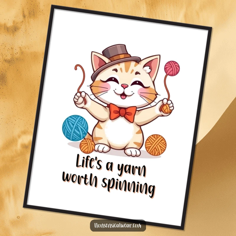Funny Free Printable Wall Art: A dapper cat wearing a bowtie and top hat skillfully juggles yarn.