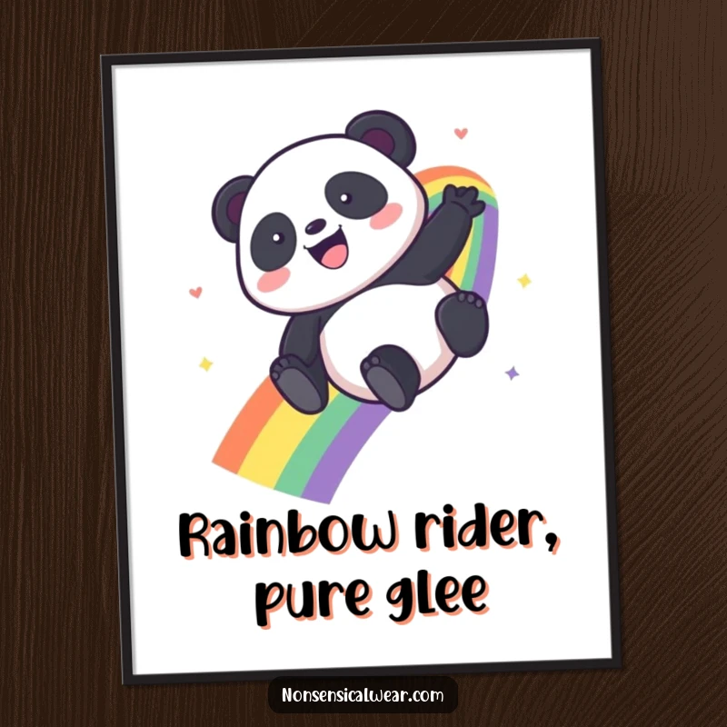 Funny Free Printable Wall Art: A kawaii panda slides with glee down a colorful rainbow, adding whimsical joy to any room.