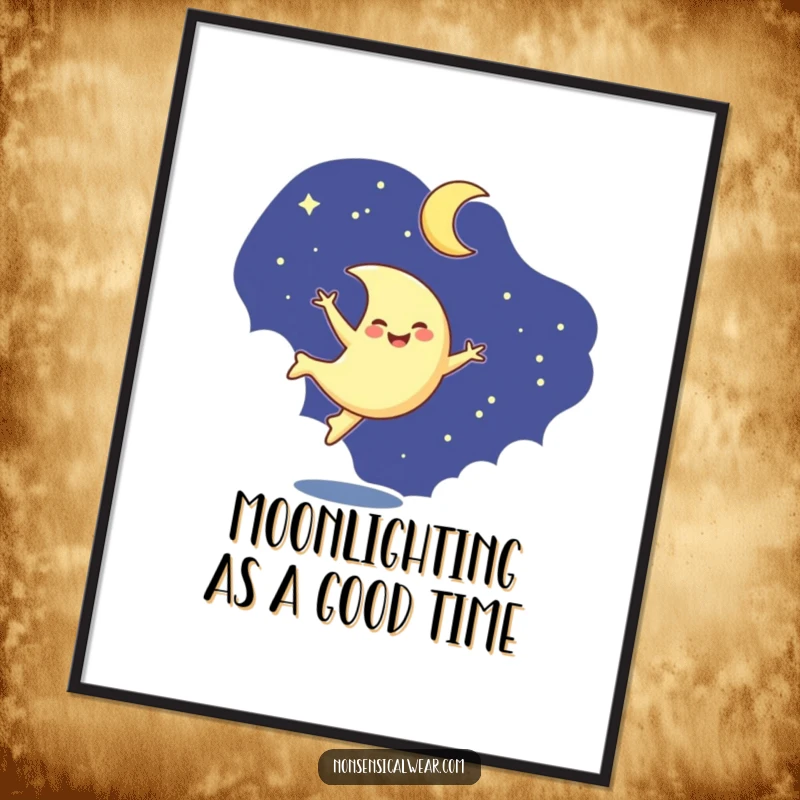 Funny Free Printable Wall Art: A smiling crescent moon character doing an energetic cartwheel in the dark, starry night sky.