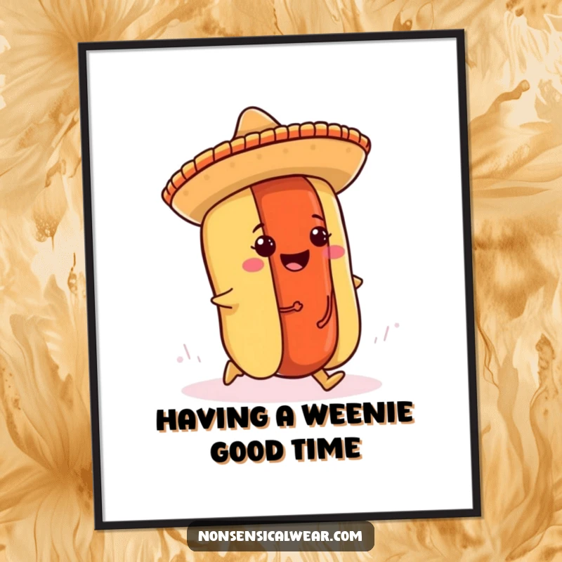Funny Free Printable Wall Art: Cheerful hot dog wearing a sombrero tripping over its bun, a comedic and lighthearted artwork.