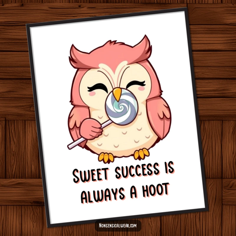 Funny Free Printable Wall Art: Charming kawaii owl with a knowing wink, holding a large, colorful spinning lollipop.