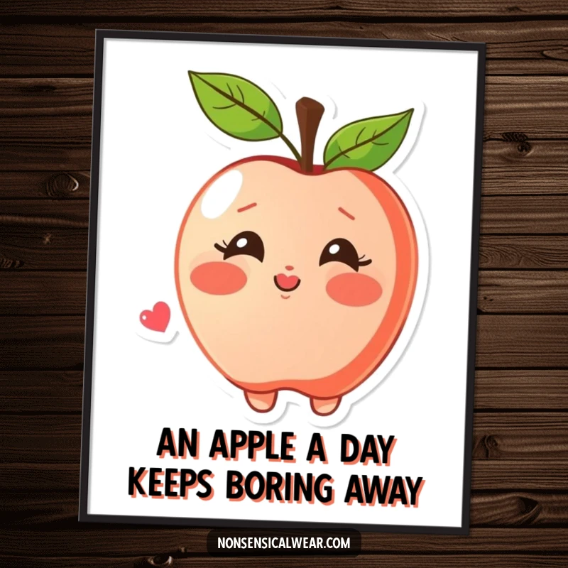 Funny Free Printable Apple Wall Art depicting a blushing apple joyfully blowing a kiss, adding a sweet and whimsical touch.