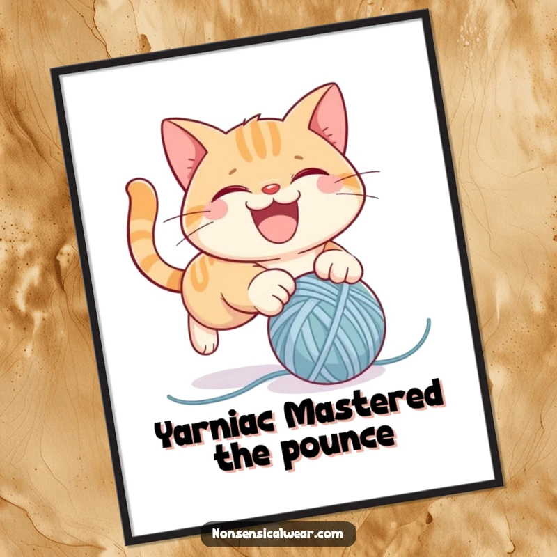 Funny Free Printable Cat Wall Art showing a mischievous cat gleefully pouncing on a bouncy ball of yarn, capturing pure playful chaos.