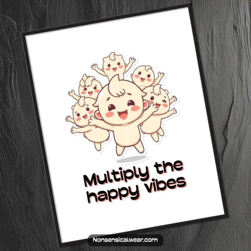 Funny Free Printable Wall Art: Happy character has split into multiple, energetically bouncing copies of itself.