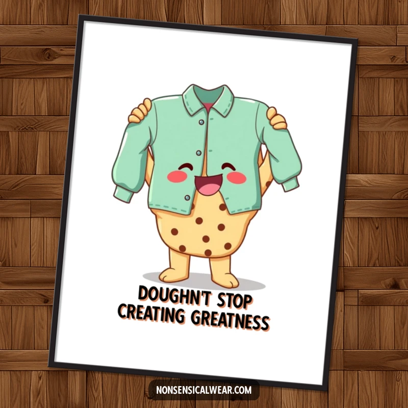 Funny free printable wall art of a joyful cookie character proudly displaying a finished garment, perfect for kitchen decor.