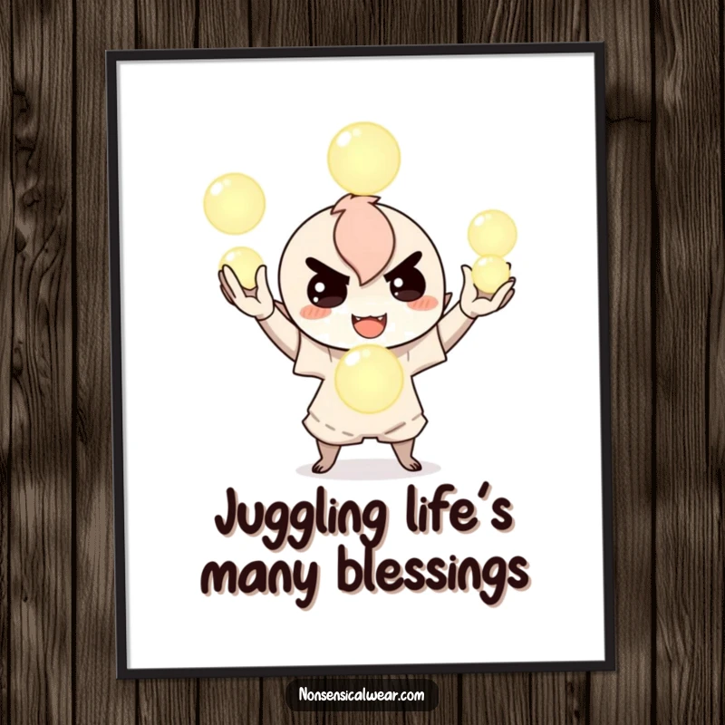 Funny Free Printable Wall Art: Mischievous character skillfully juggles three luminous, glowing orbs.