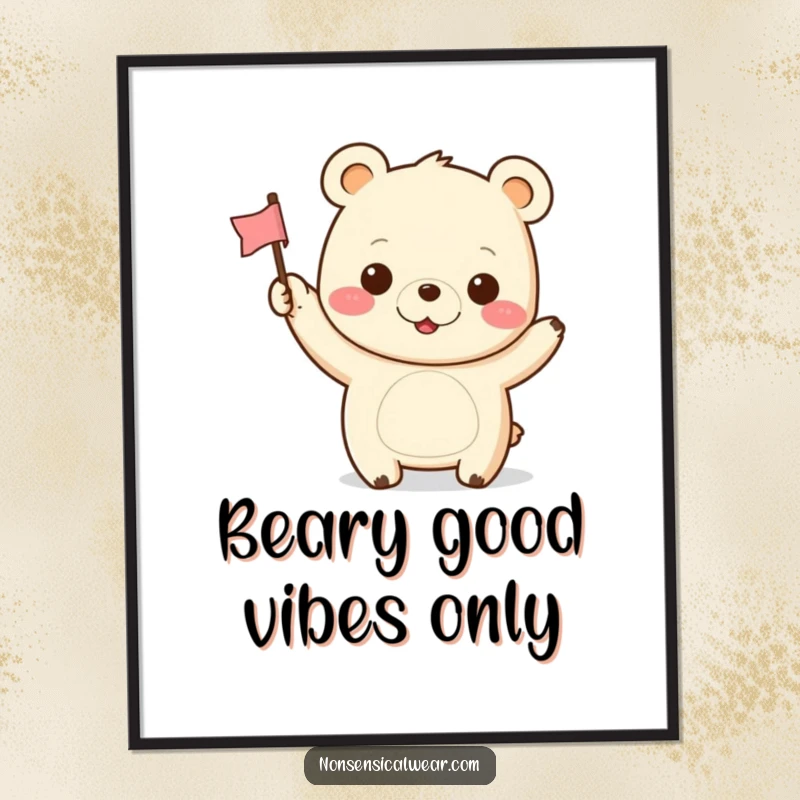 Funny Free Printable Wall Art of a happy kawaii bear waving a tiny flag with an infectious cheerful grin, full of personality.