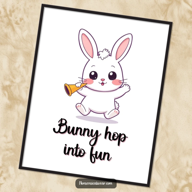 Funny Free Printable Wall Art of a bouncing kawaii bunny with wide eyes, holding a party horn, radiating excitement.