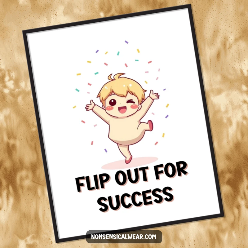 Funny Free Printable Wall Art: A Kawaii character does a cartwheel, joyfully throwing confetti everywhere.