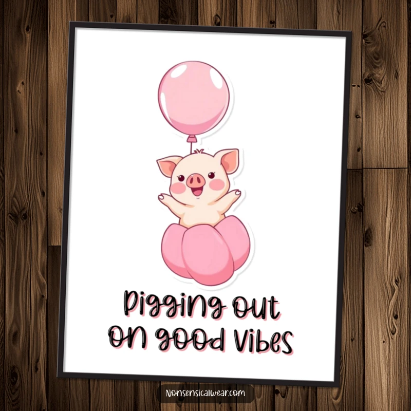 Funny Free Printable Wall Art: Cute kawaii piglet smiling as it floats upwards on a large, colorful balloon.