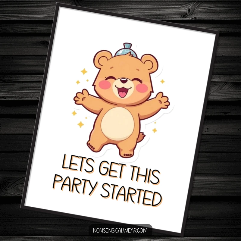 Funny free printable wall art: a cheerful bear character gleefully dancing with a shiny disco ball, adding retro party energy.