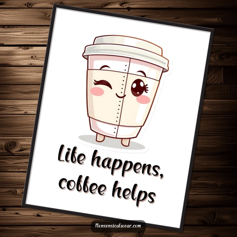 Funny Free Printable Wall Art: Winking coffee cup character proudly displaying a perfectly sewn seam, showcasing sewing prowess humorously.