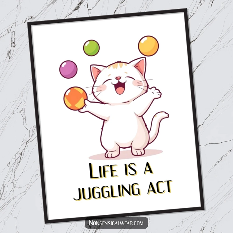 Funny Free Printable Wall Art of a kawaii cat enthusiastically juggling three colorful balls, showcasing impressive skill and charm.