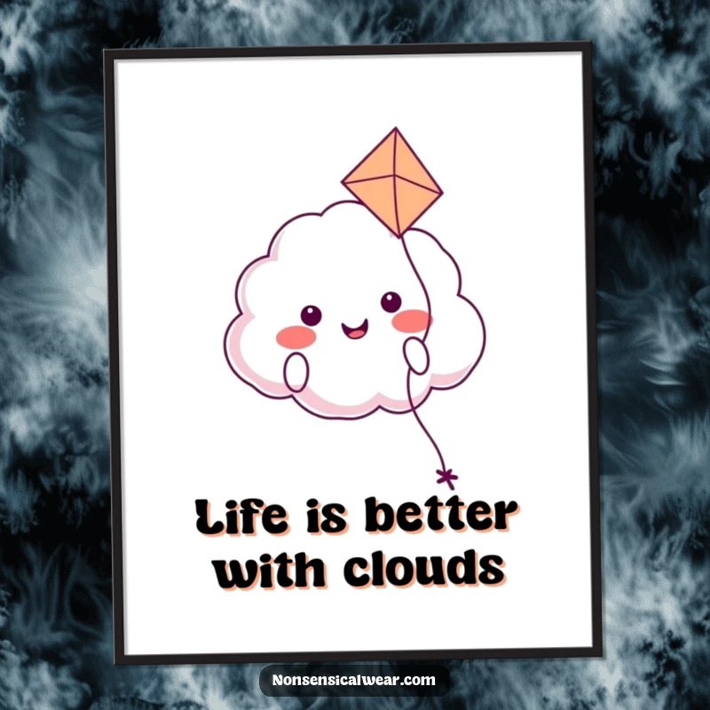 Happy free printable wall art: a smiling cloud character happily floating with a kite, creating a serene, uplifting atmosphere.
