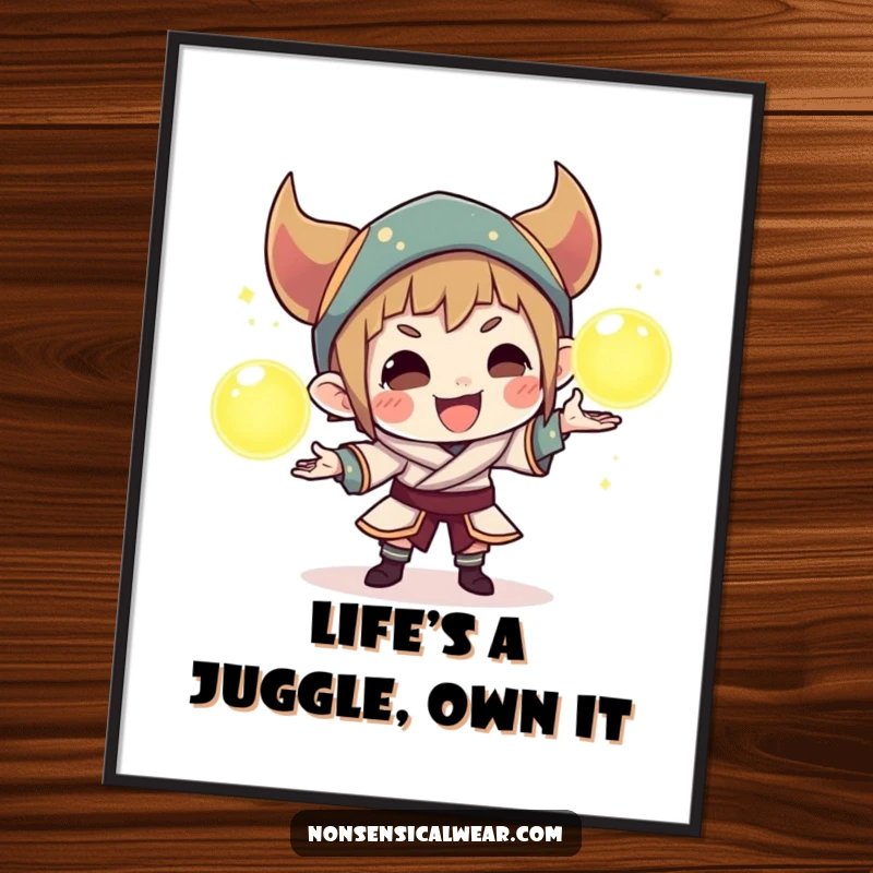 Funny Free Printable Wall Art: A mischievous character is captured mid-juggle with three radiant orbs, creating a captivating and playful visual.