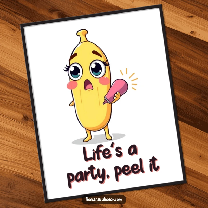 Funny free printable wall art featuring a surprised banana character with wide eyes holding a party popper, adding a fruity decor burst.