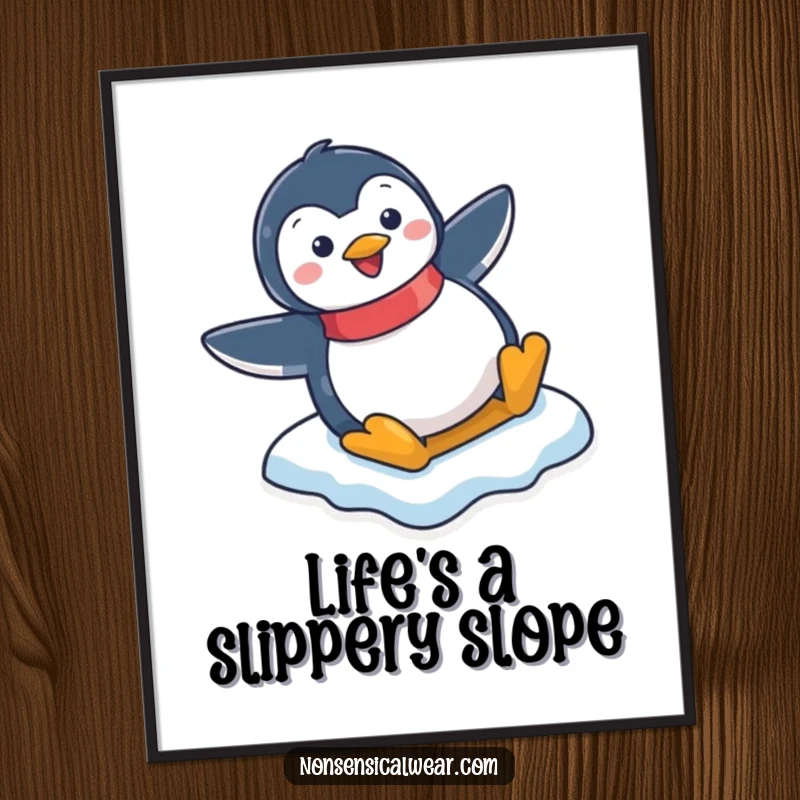 Funny Free Printable Penguin Wall Art: Playful character joyfully slides down a steep, snowy ice hill, full of wintery fun.