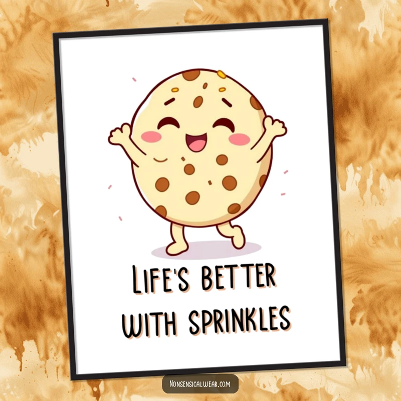 Funny free printable wall art featuring a delighted cookie character doing a happy dance with sprinkles for a sweet and cheerful decor.